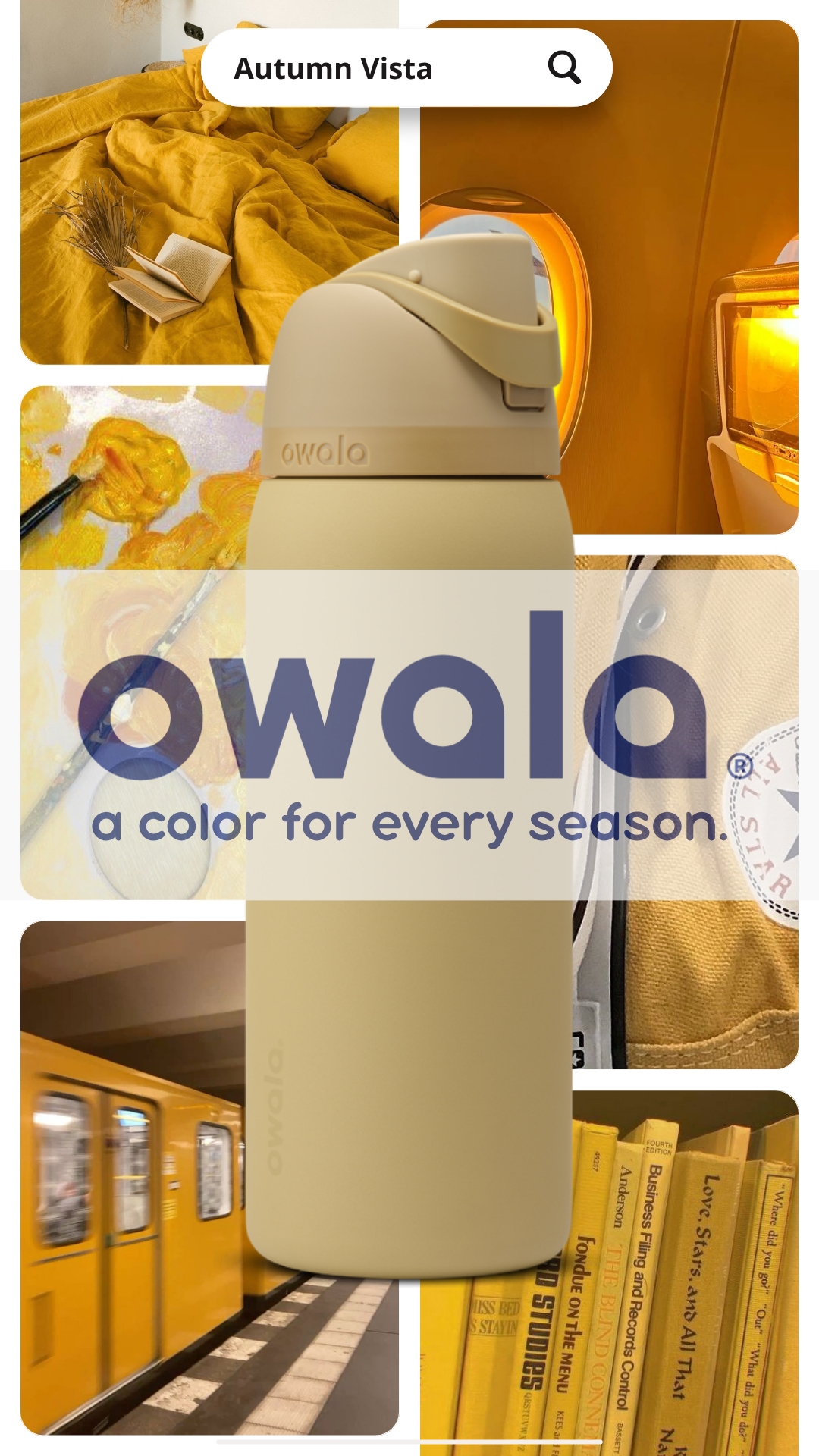 A collage with a central Owala water bottle, with images of a yellow bed with an open book and dried flowers, an airplane window, a rapid transit train, a yellow paint palette, and yellow books.