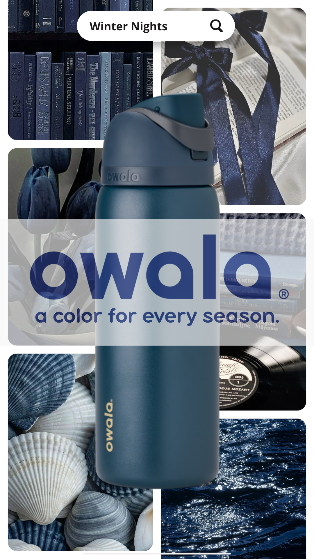 A collage featuring a blue Owala water bottle in the foreground, with images of navy blue books, a navy blue bow and ribbon on an open book, seashells, a vinyl record, and an ocean scene in the background. The collage includes the text "Winter Nights