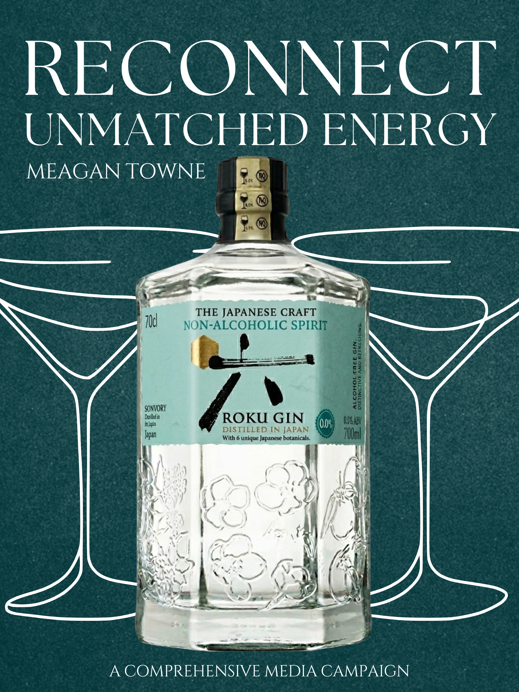 Book cover titled "Reconnect Unmatched Energy" by Meagan Towne featuring a bottle of Roku Gin against a teal background with white line drawings of cocktail glasses.