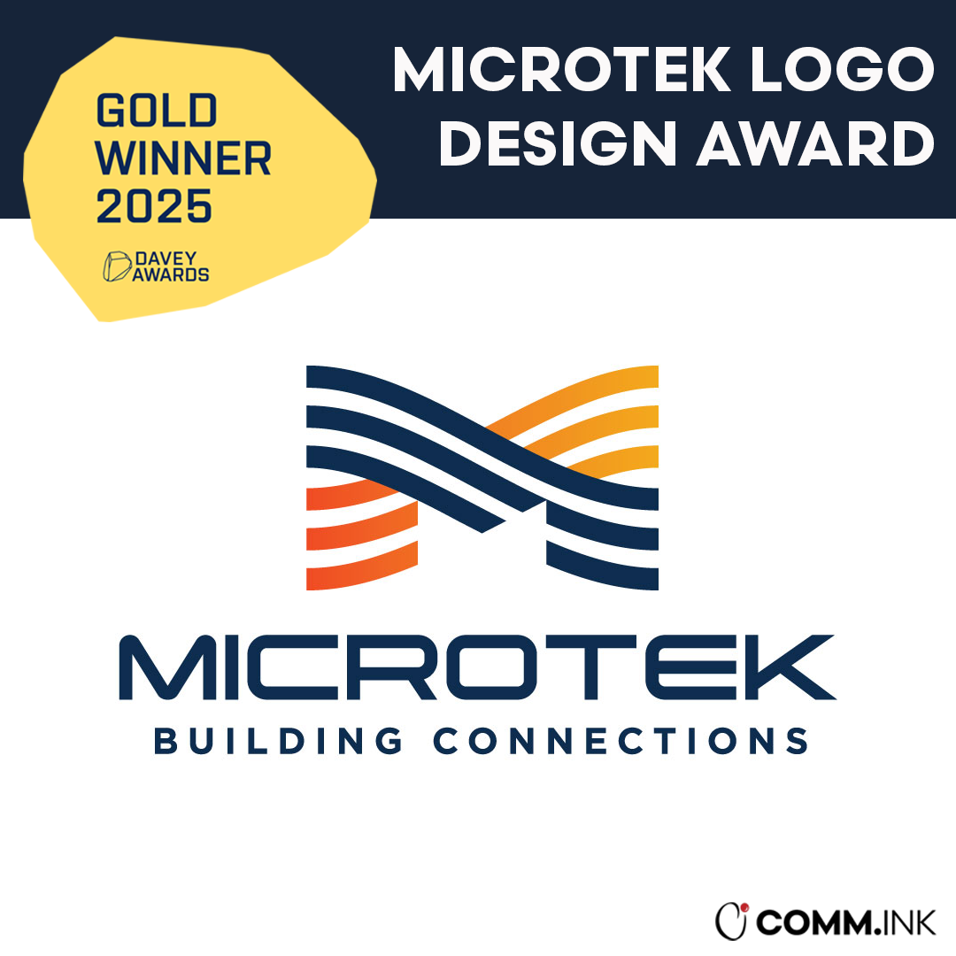 Microtek logo with the text "Building Connections" and a graphic of interconnected lines. Award badge in yellow with "Gold Winner 2025" and "Davey Awards," and a small logo and text "Comm Ink" at the bottom right.