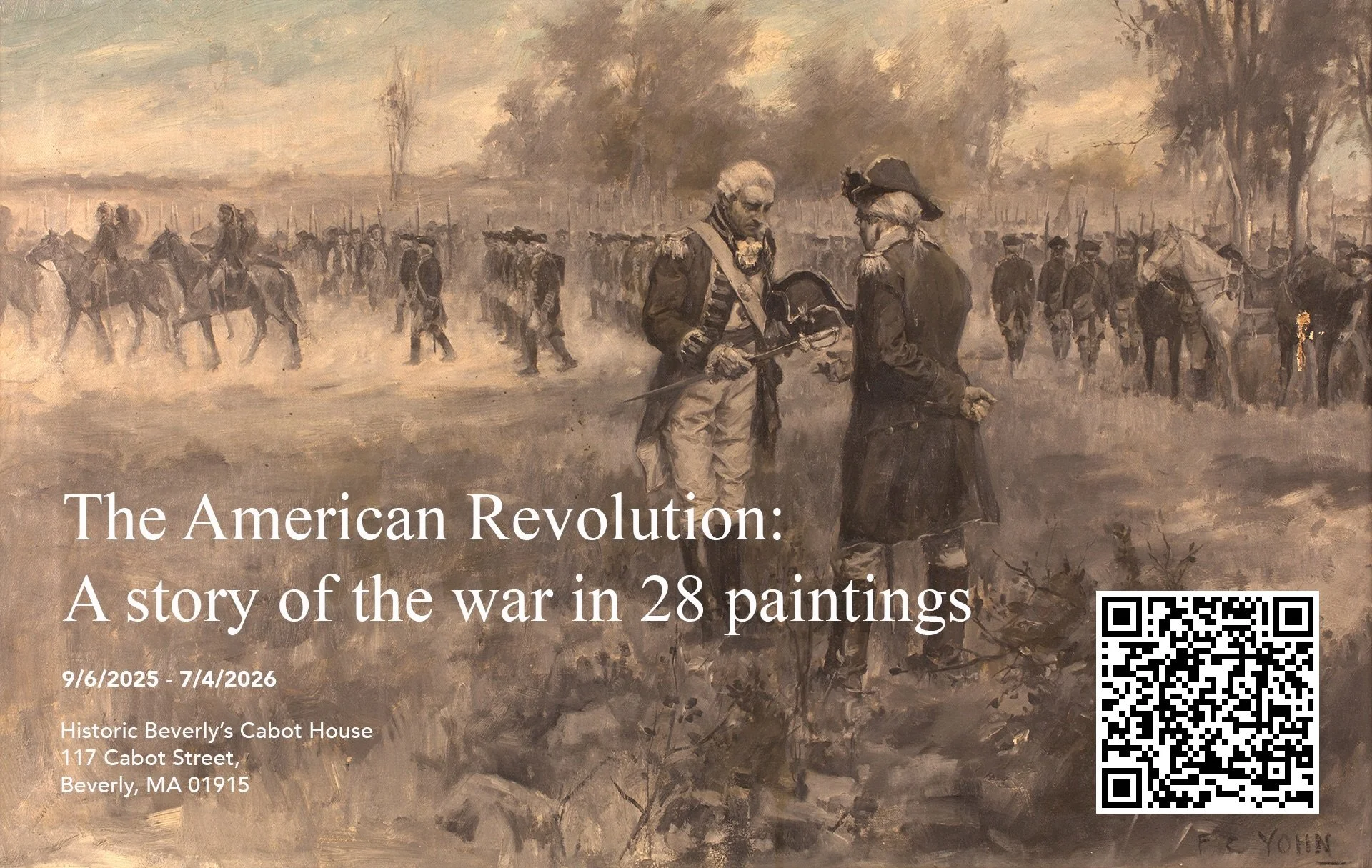 Painting depicting a historical scene from the American Revolution with soldiers on horseback and on foot, and a man and woman having a conversation in the foreground.