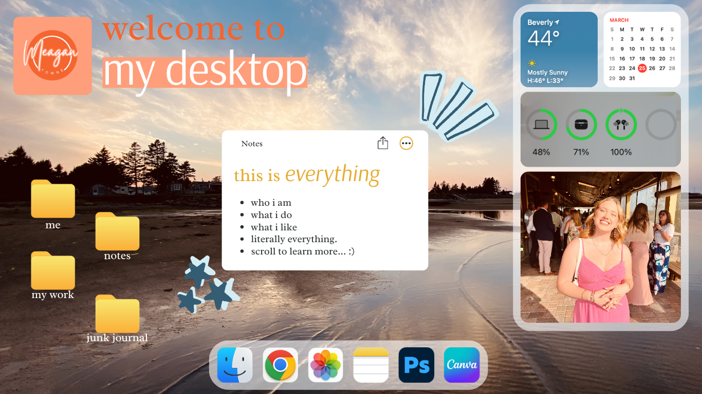 A digital desktop background with a sunset over a beach, showing weather forecast, calendar, notes, photo of a woman at an event, and folders labeled 'me,' 'notes,' 'my work,' and 'junk journal.'