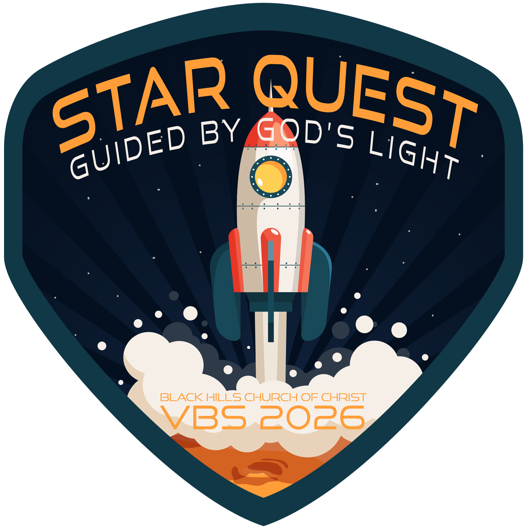 Poster for the Black Hills Church of Christ Vacation Bible School 2026 featuring a rocketship launching into space with the text 'Star Quest Guided by God's Light'.
