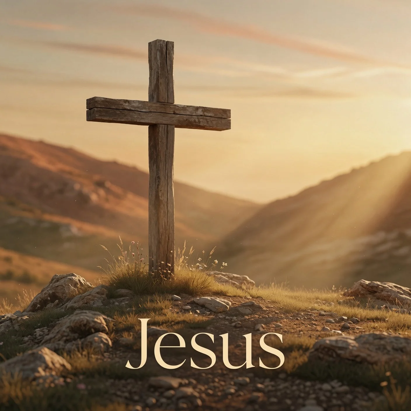 A wooden cross on a rocky hill with mountains in the background and the word 'Jesus' at the bottom of the image, during sunset or sunrise.