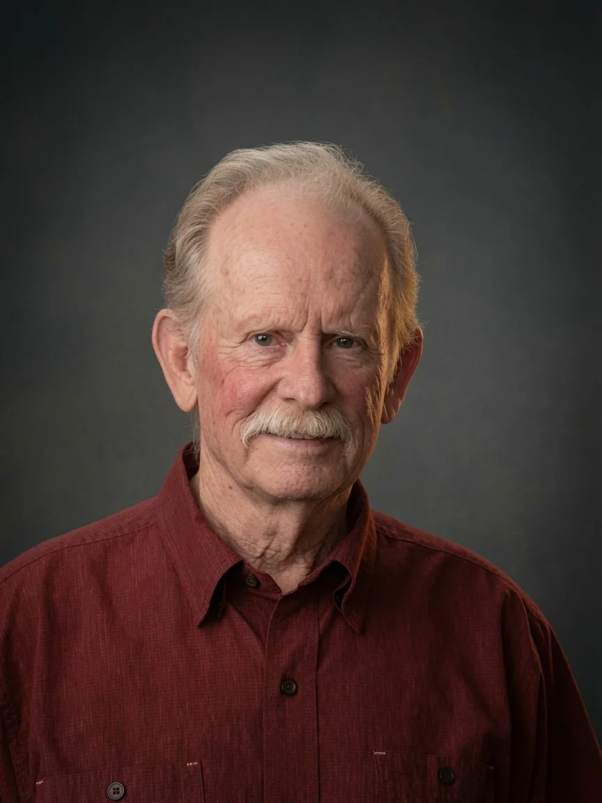 Portrait of an elderly man with gray hair and a mustache, wearing a maroon button-up shirt, against a dark background.