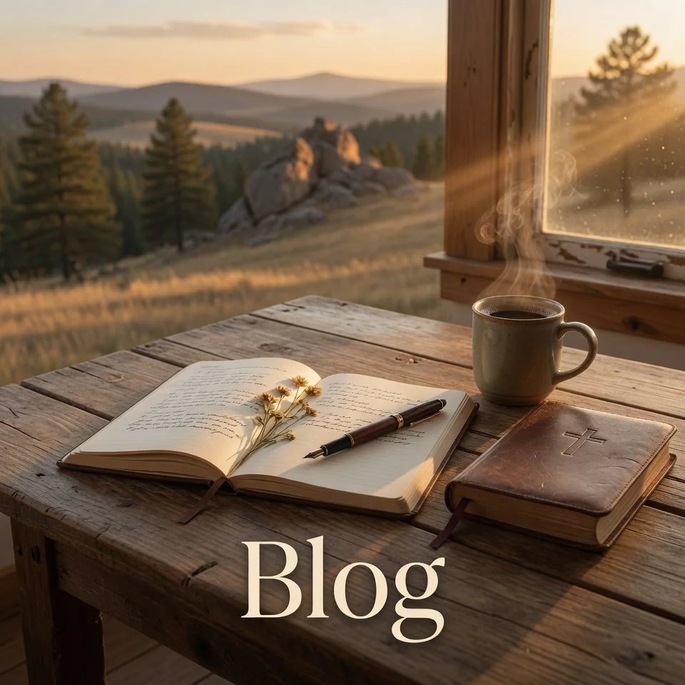 A wooden table beside a window showing a scenic landscape with trees and rocks at sunset. On the table, there is an open journal with flowers, a pen, a closed Bible, and a steaming cup of coffee. The word 'Blog' is overlaid on the image.