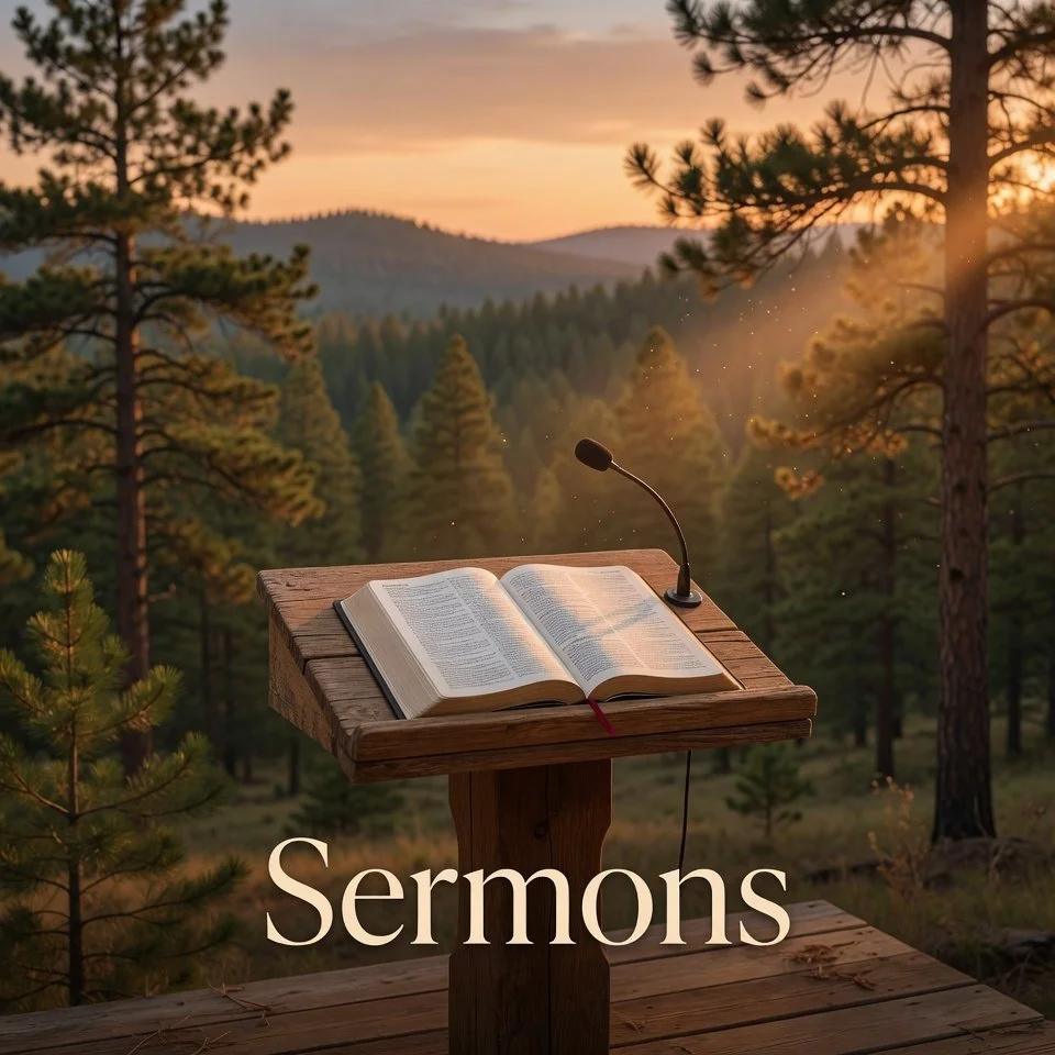 An open Bible on a wooden lectern with a microphone, set in a forest during sunset.