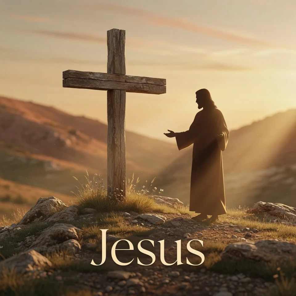 Silhouette of Jesus Christ standing near a wooden cross on a hill at sunset.