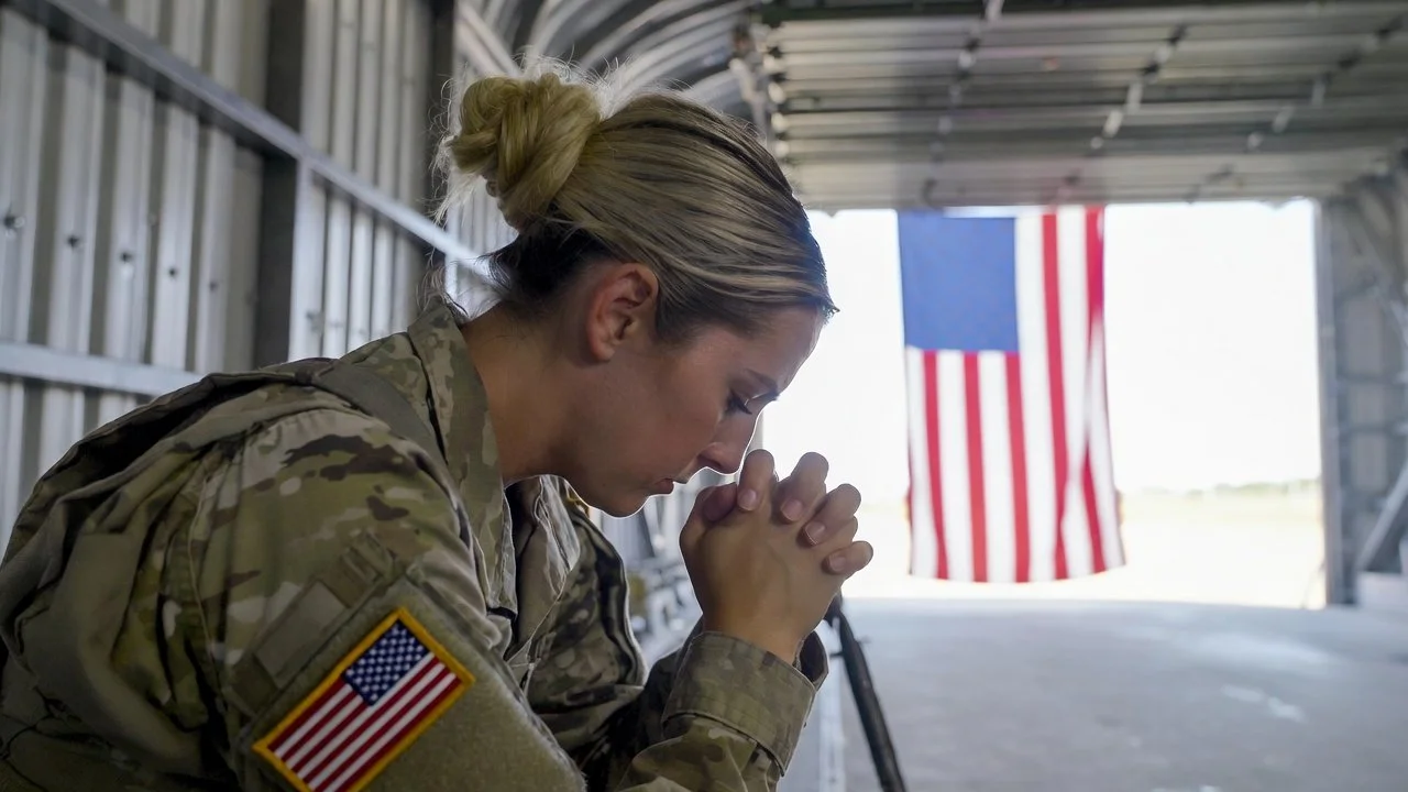 A female soldier in camouflage uniform praying with hands clasped in an aircraft hangar, with an American flag hanging in the background.