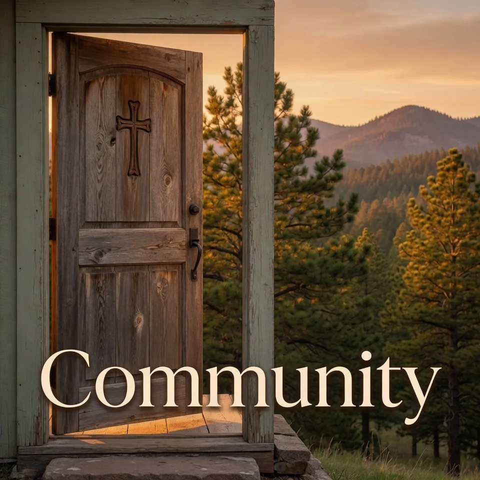 Open wooden door with cross symbol, leading outside to a forested landscape with trees and mountains at sunset.