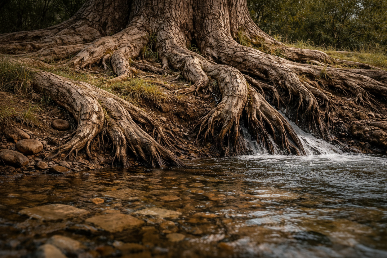 Tree roots spreading through soil with sunlight above ground