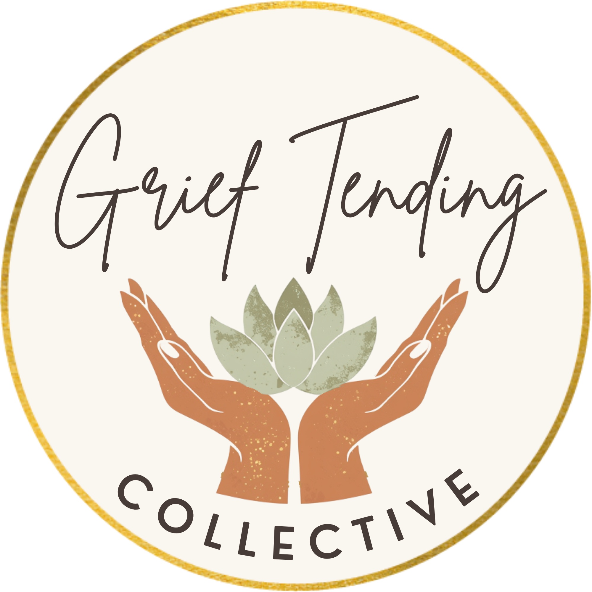 Close-up of a circular sticker with the words "Grief Tending" in the center and "Collective" at the bottom. The sticker has a gold border and features a stylized illustration of hands holding a lotus flower.