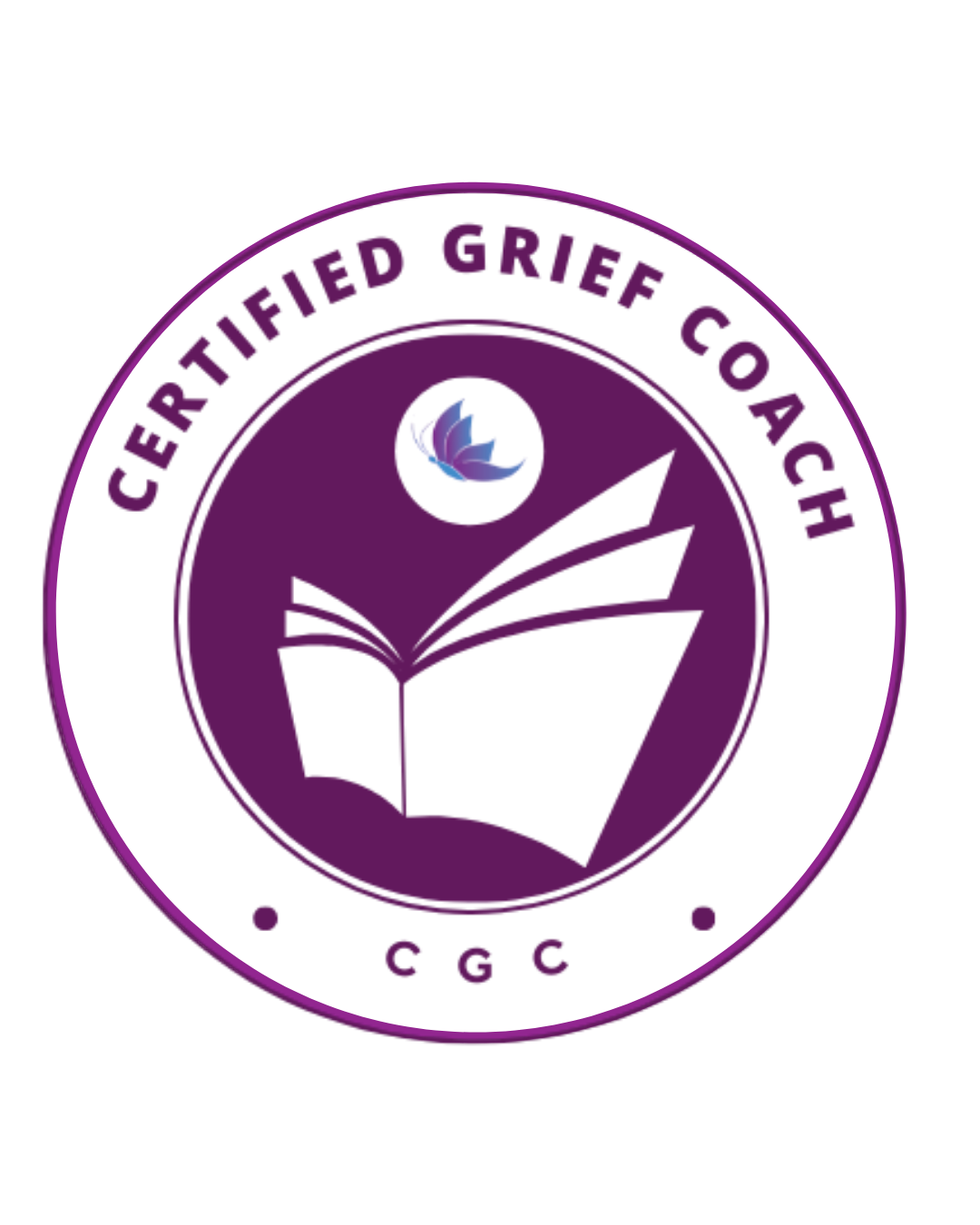 Certified grief coach logo with a purple circle, an open book illustration, and a butterfly symbol, with the text "Certified Grief Coach" and initials "CGC".