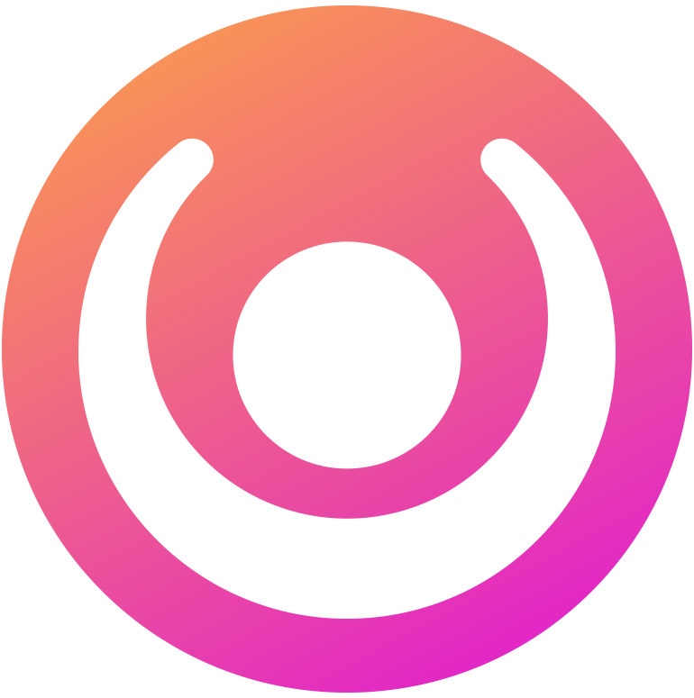 Colorful logo with a white circle and curved lines on a pink and orange gradient background.