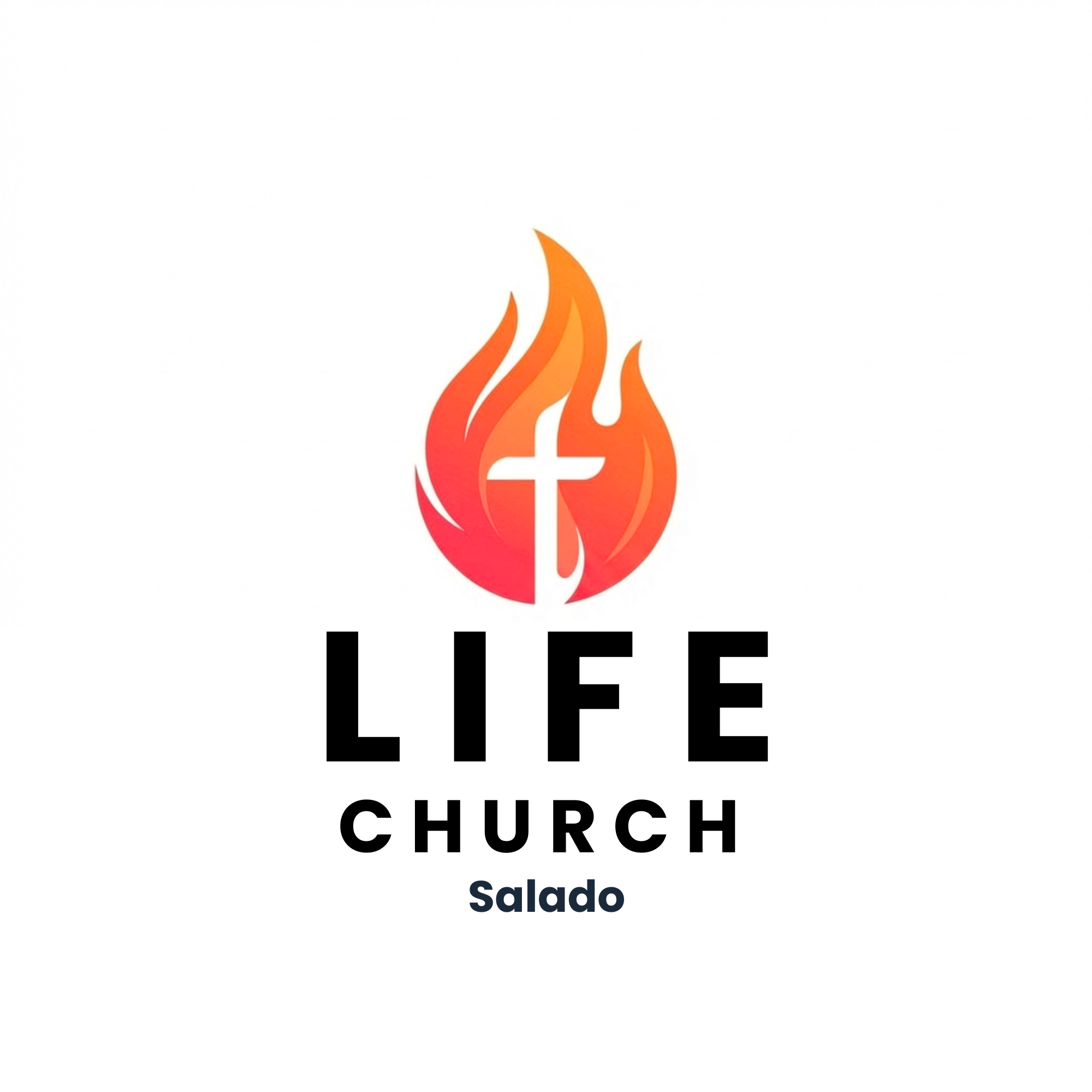 Logo for Life Church Salado, featuring a stylized flame with a Christian cross inside, and the words 'LIFE CHURCH' in bold black letters and 'Salado' below in smaller text.
