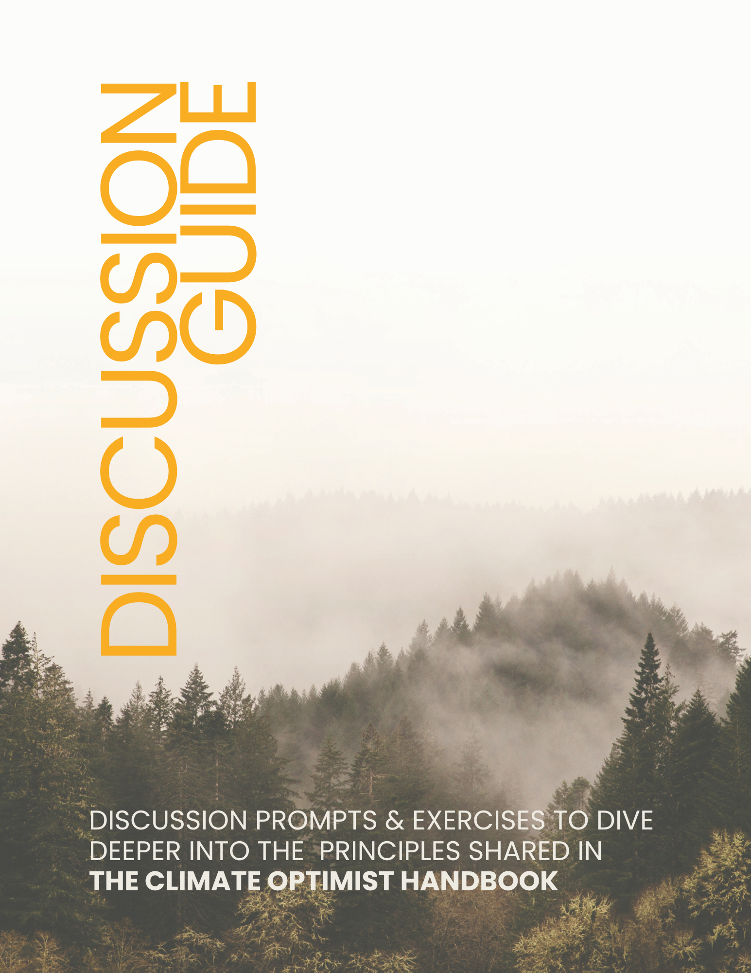 Cover of The Climate Optimist Handbook featuring a foggy forested mountain landscape with trees and mist