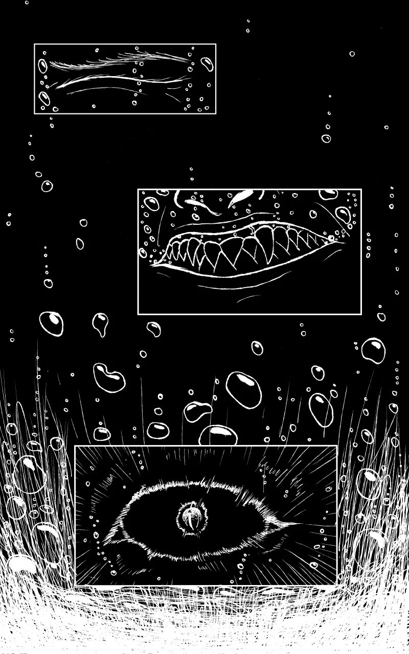 Frame from the original Webtoon, Angel's Inferno. Written by Mark Menz, this panel shows an abstract, modernist artwork of a boy drowning in a black and white color scheme, drawn in Clip Studio Paint.