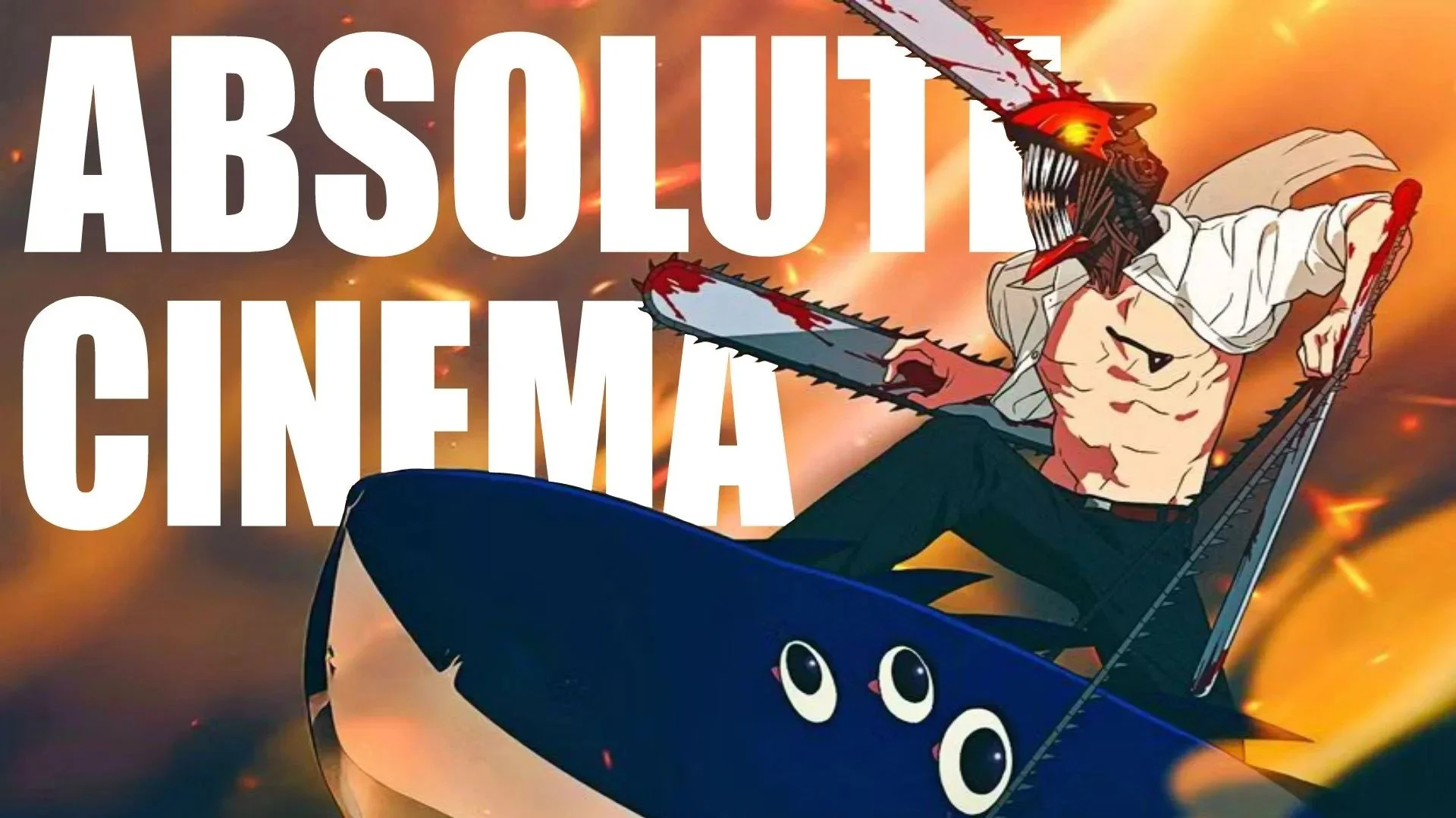 Thumbnail of the YouTube Video titled "Chainsaw Man Might Genuinely Be Peak Fiction" published by Beyond Drawings. Thumbnail shows Chainsaw Man riding on Beam, his shark friend, with text writing "Absolute Cinema."