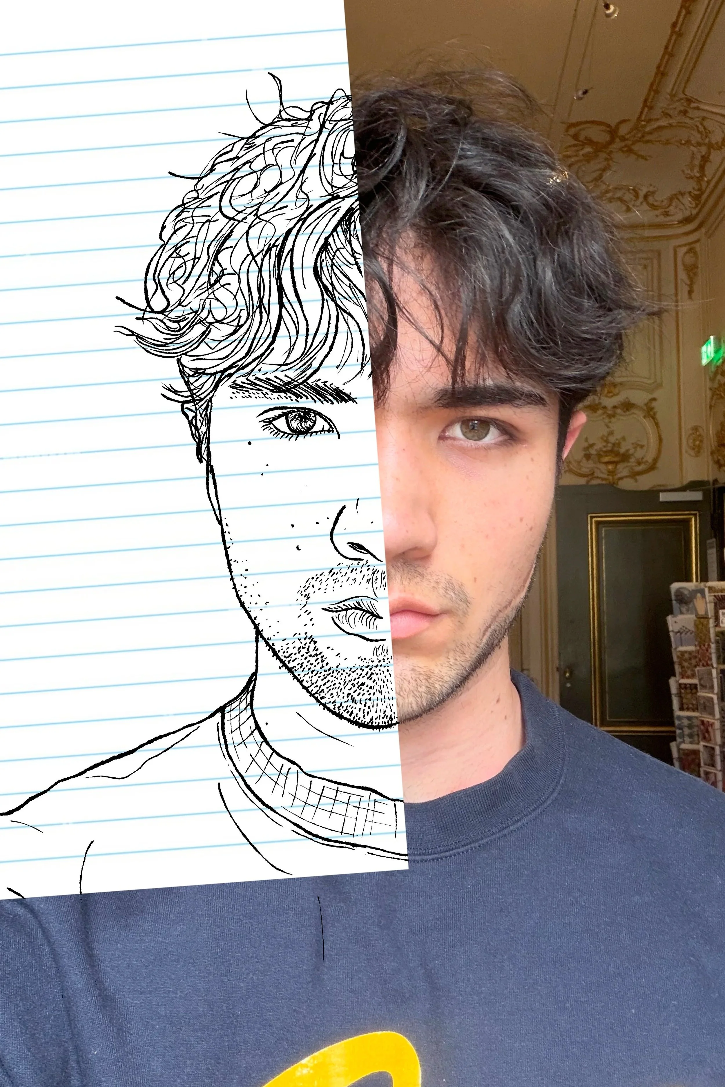 Portrait of Mark Menz, a young 21 year old man, with half of his face drawn in a raw, pencil style over binder paper, while wearing a Cal sweater.