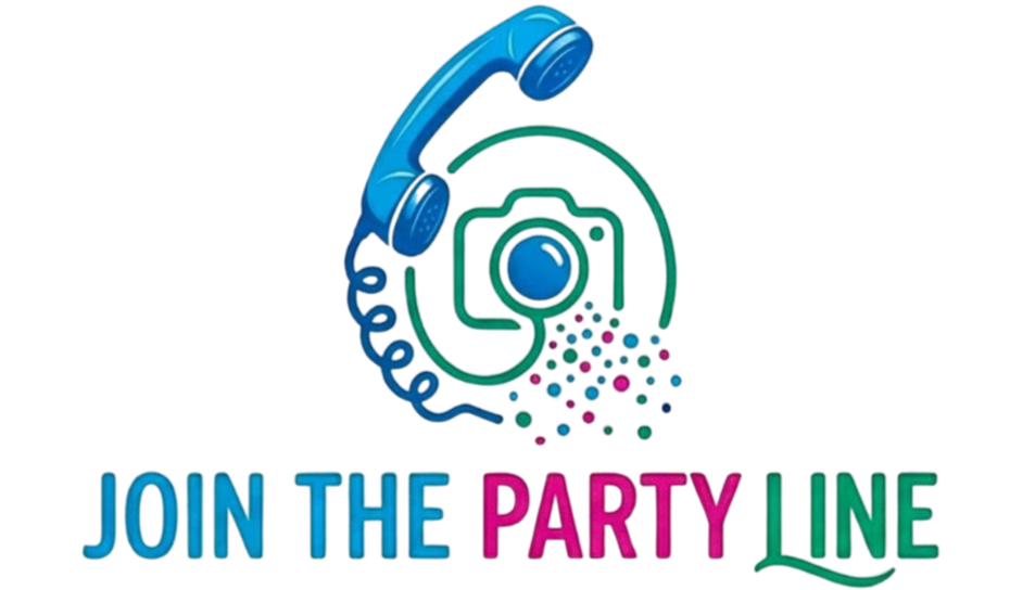 Illustration of a vintage telephone with the text 'Join the Party Line' in colorful 3D lettering.