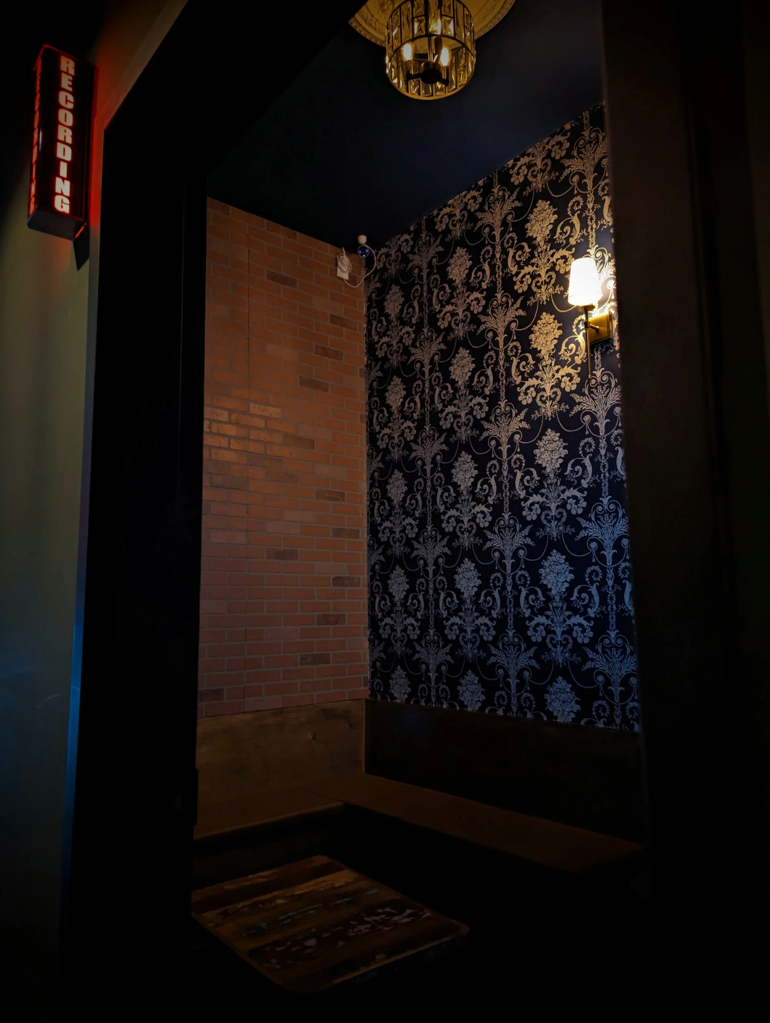 A dimly lit corner of a room with a decorative wall featuring dark wallpaper with a floral pattern and a brick accent wall. There is a small light fixture on the wall, a gold decorative chandelier hanging from the ceiling, and an illuminated red 'BER