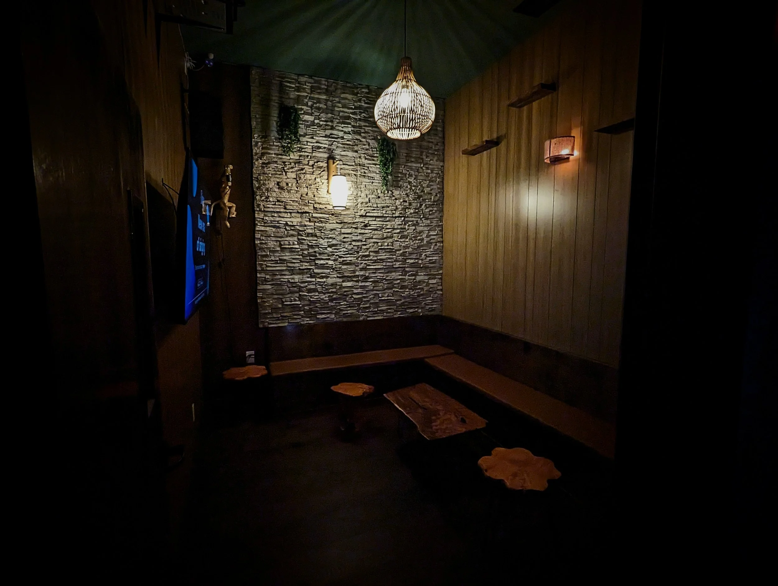 Dimly lit room with a stone accent wall, wooden paneling, a hanging pendant light, a wall-mounted TV, and small wooden tables with leaf-shaped pads.