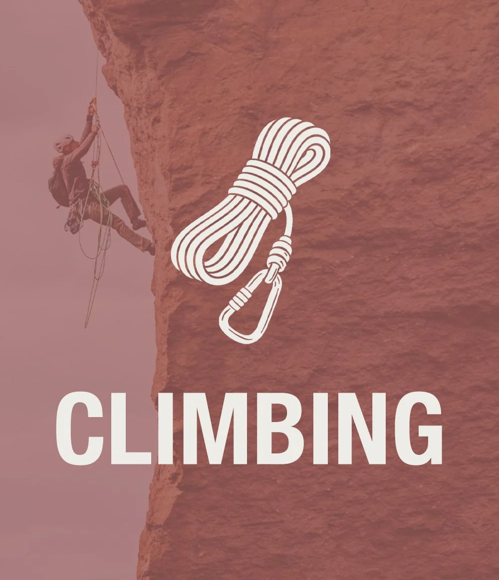A climber ascending a rock face with a climbing rope logo overlay and the word 'Climbing'.