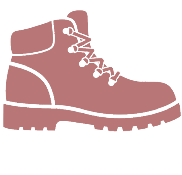Illustration of a pink hiking boot with black outline features, lace hooks, and a rugged sole.