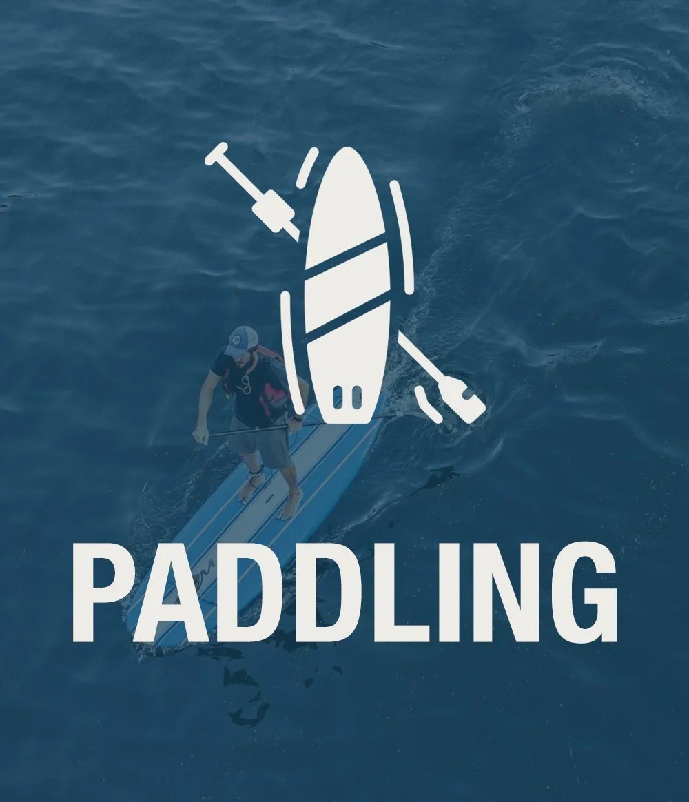 A person paddleboarding on the water with a graphic overlay of a paddleboard and paddles, and the word 'Paddling' at the bottom.