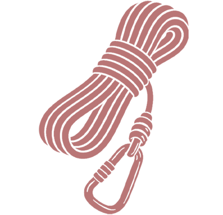 Illustration of a pink climbing rope with a carabiner attached.