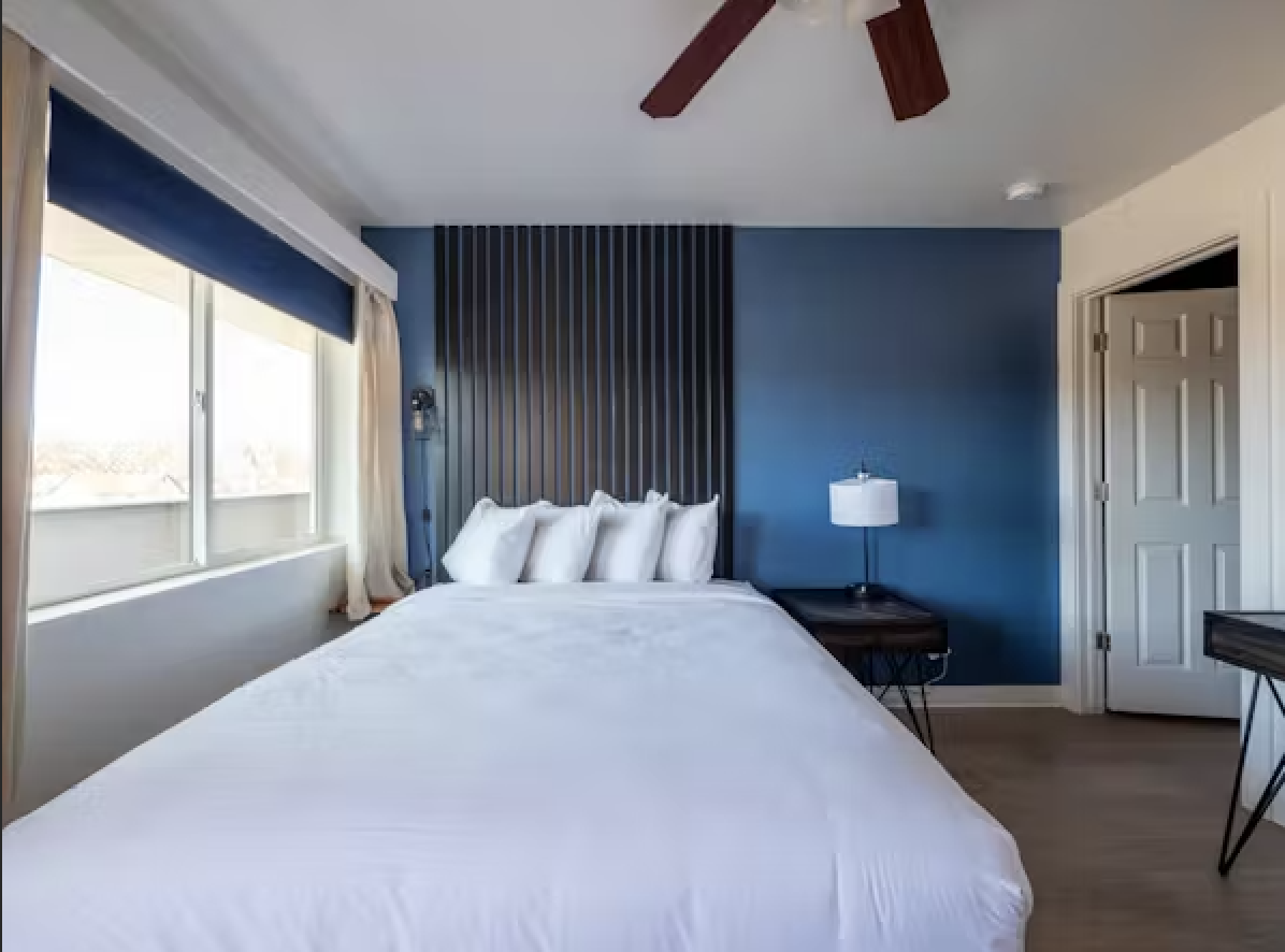 A bedroom with a large bed with white bedding and pillows, a blue accent wall with vertical black slats, a window with beige curtains and a blue valance, a nightstand with a white lamp, and a ceiling fan with wooden blades.