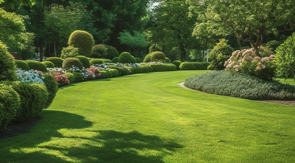 A lush green park with a well-maintained lawn, surrounded by various bushes, trees, and colorful flowers.