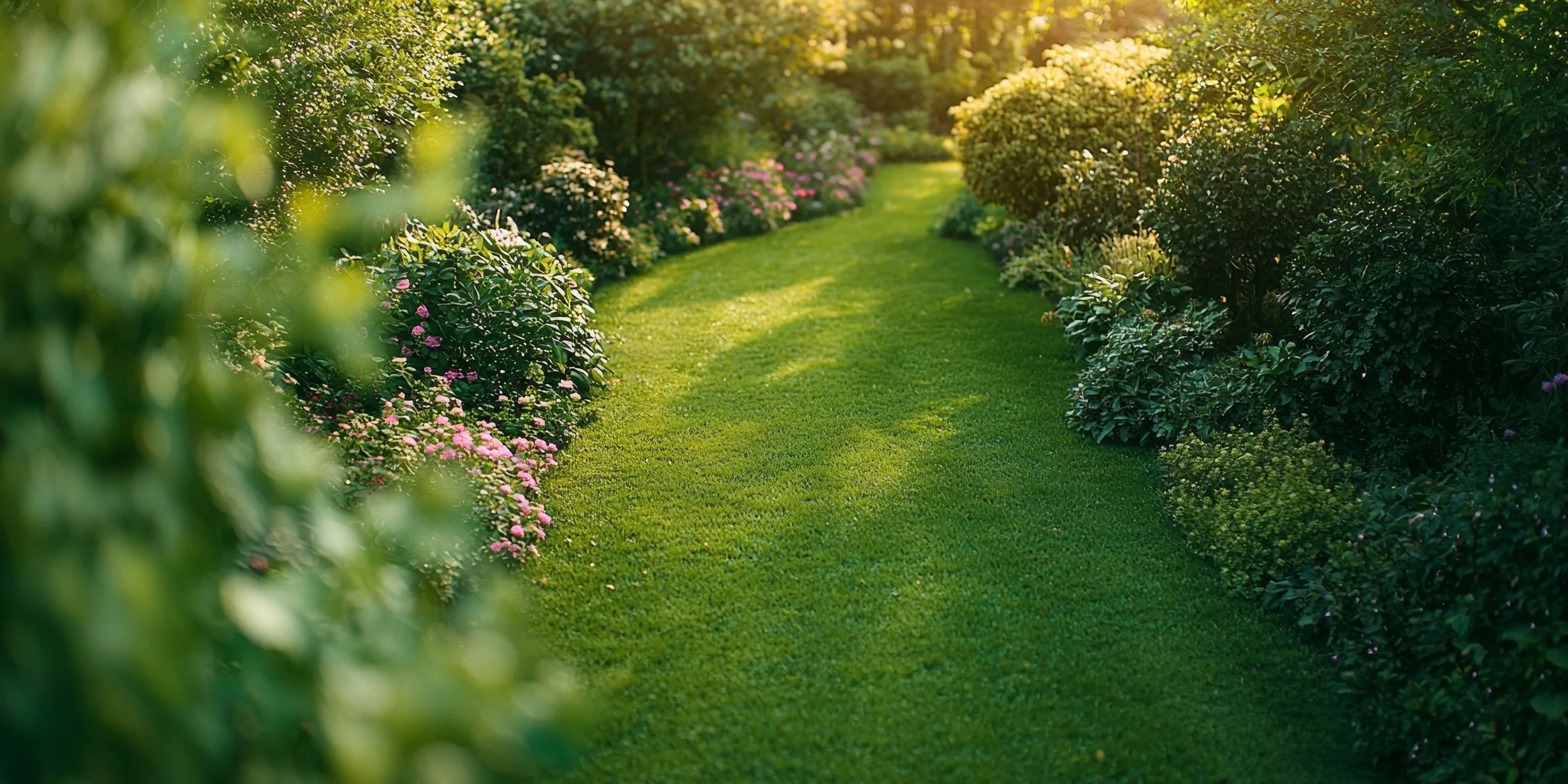 A lush green garden path lined with blooming bushes and flowers in warm sunlight.