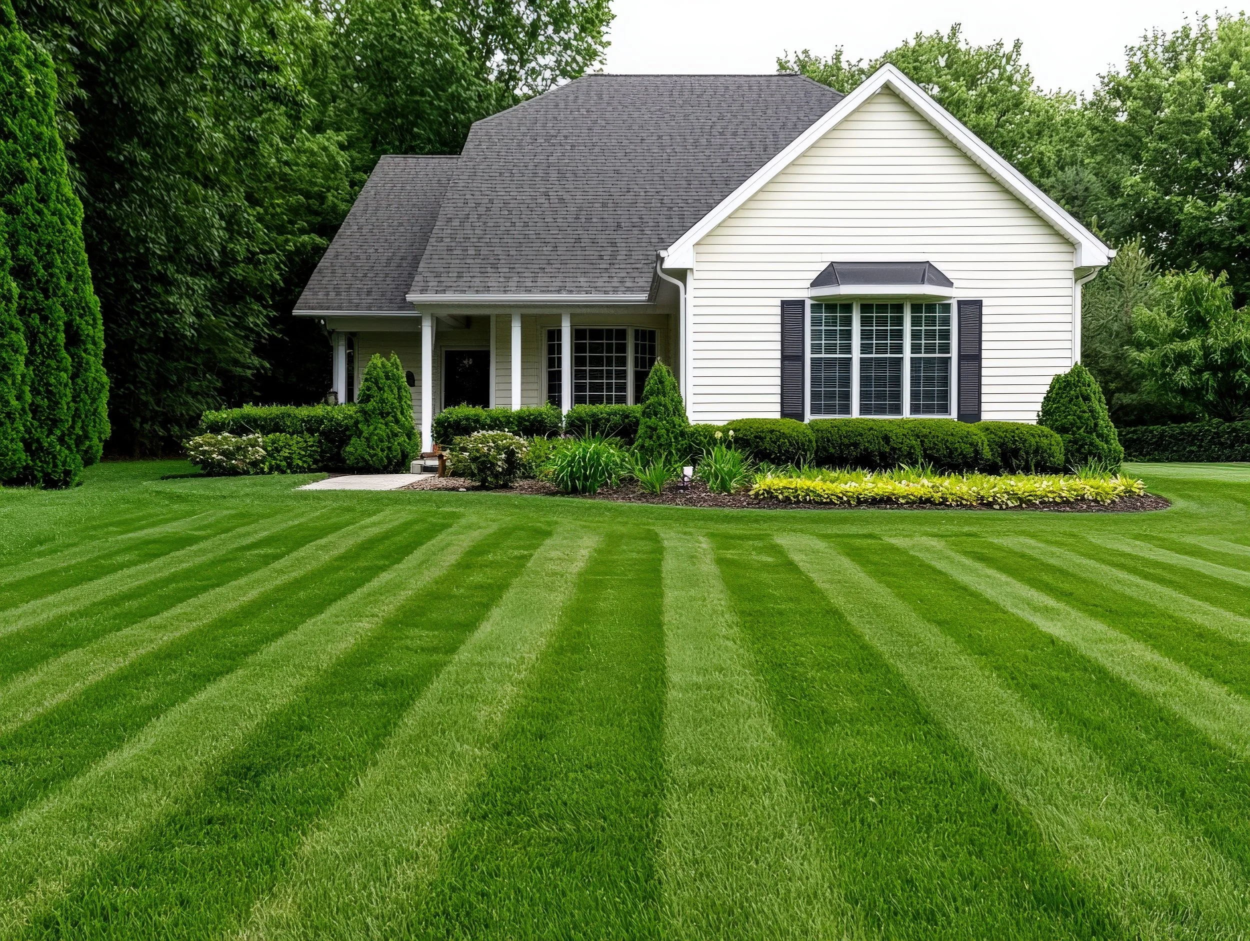 A white house with black shutters and a large front window, surrounded by neatly trimmed bushes and trees, with a well-maintained lawn with striped grass in the foreground.