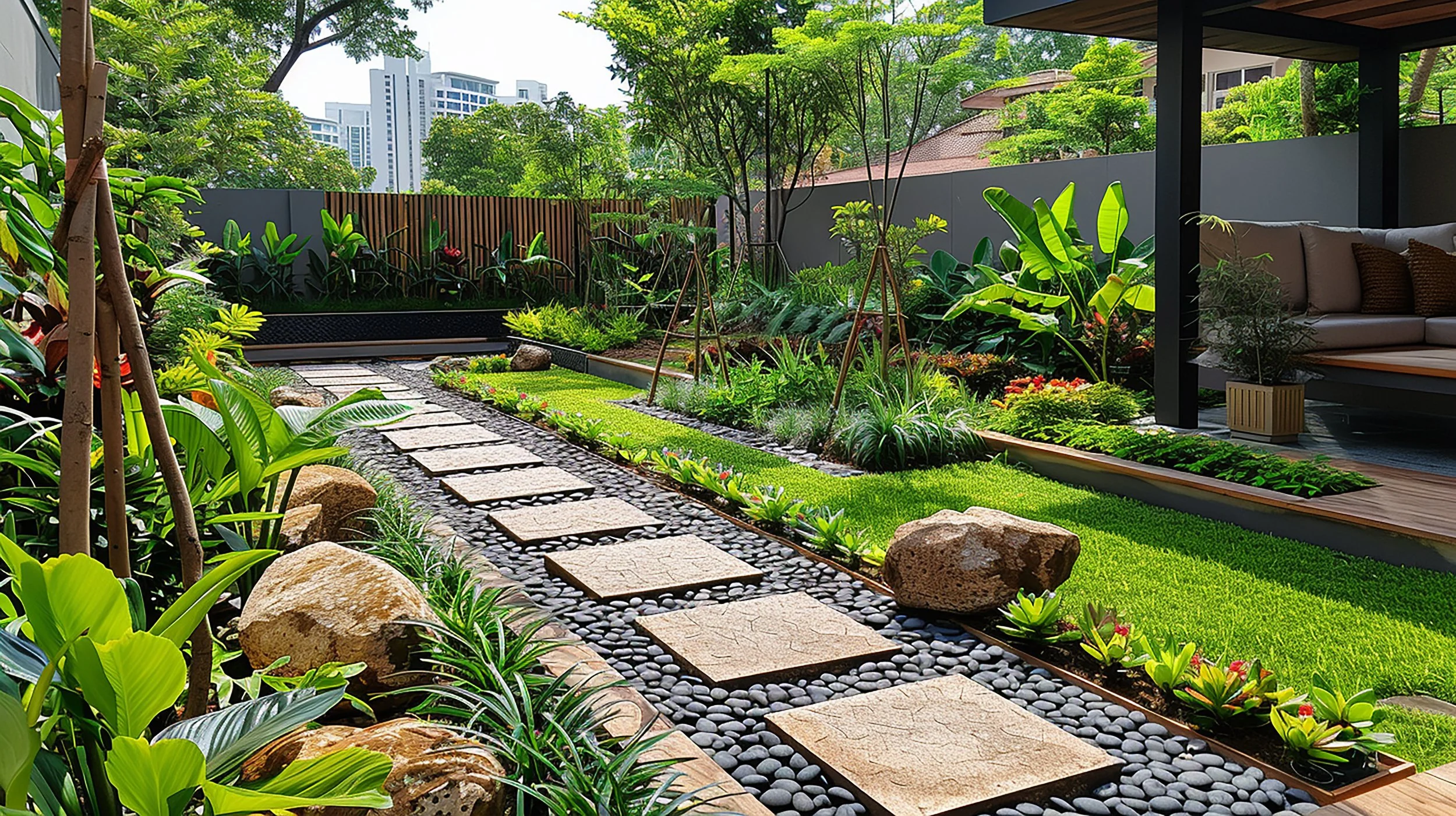 Modern backyard garden with stepping stone path, lush green plants, and outdoor seating area with cushions, surrounded by trees and city buildings in the background.