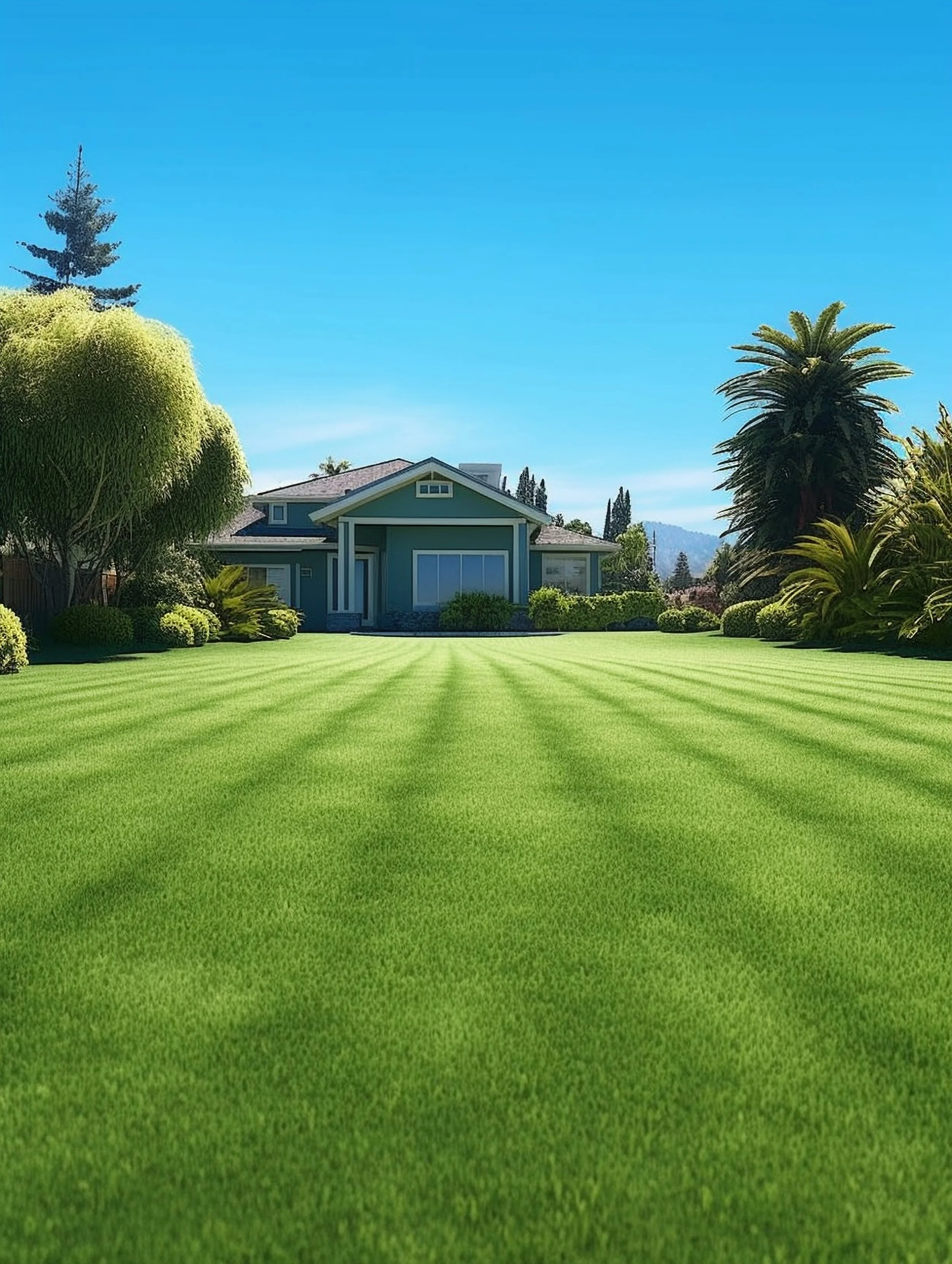 A well-maintained front yard with freshly mowed green grass leading to a house, surrounded by trees and bushes, under a clear blue sky.