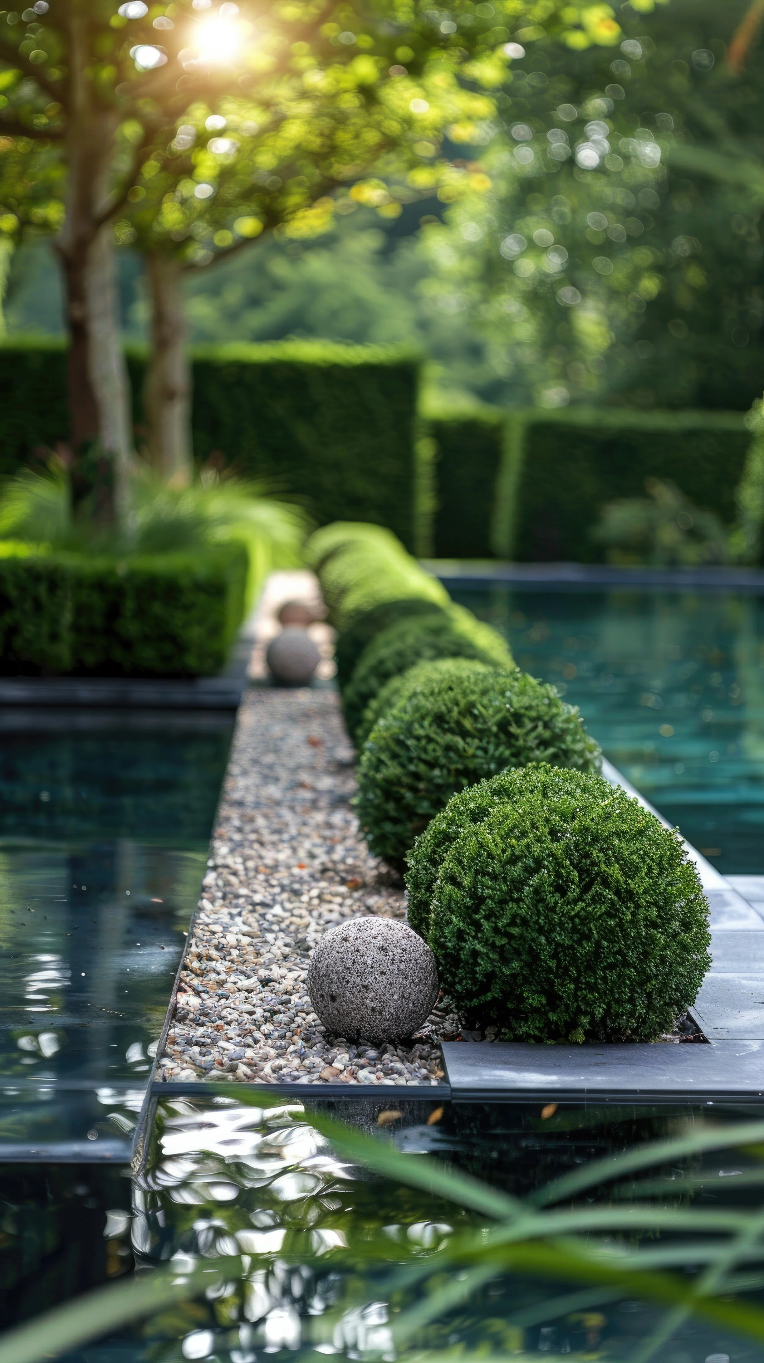 A landscaped garden with trimmed hedge balls and round stone accents along a pebble-lined walkway beside a reflecting pool, with trees and sunlight in the background.
