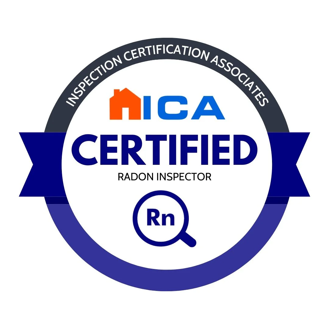 A badge that says 'NIC AI CERTIFIED Radon Inspector' with the logo of Inspection Certification Associates, featuring a house icon, the letters NIC, and a magnifying glass with Rn inside.