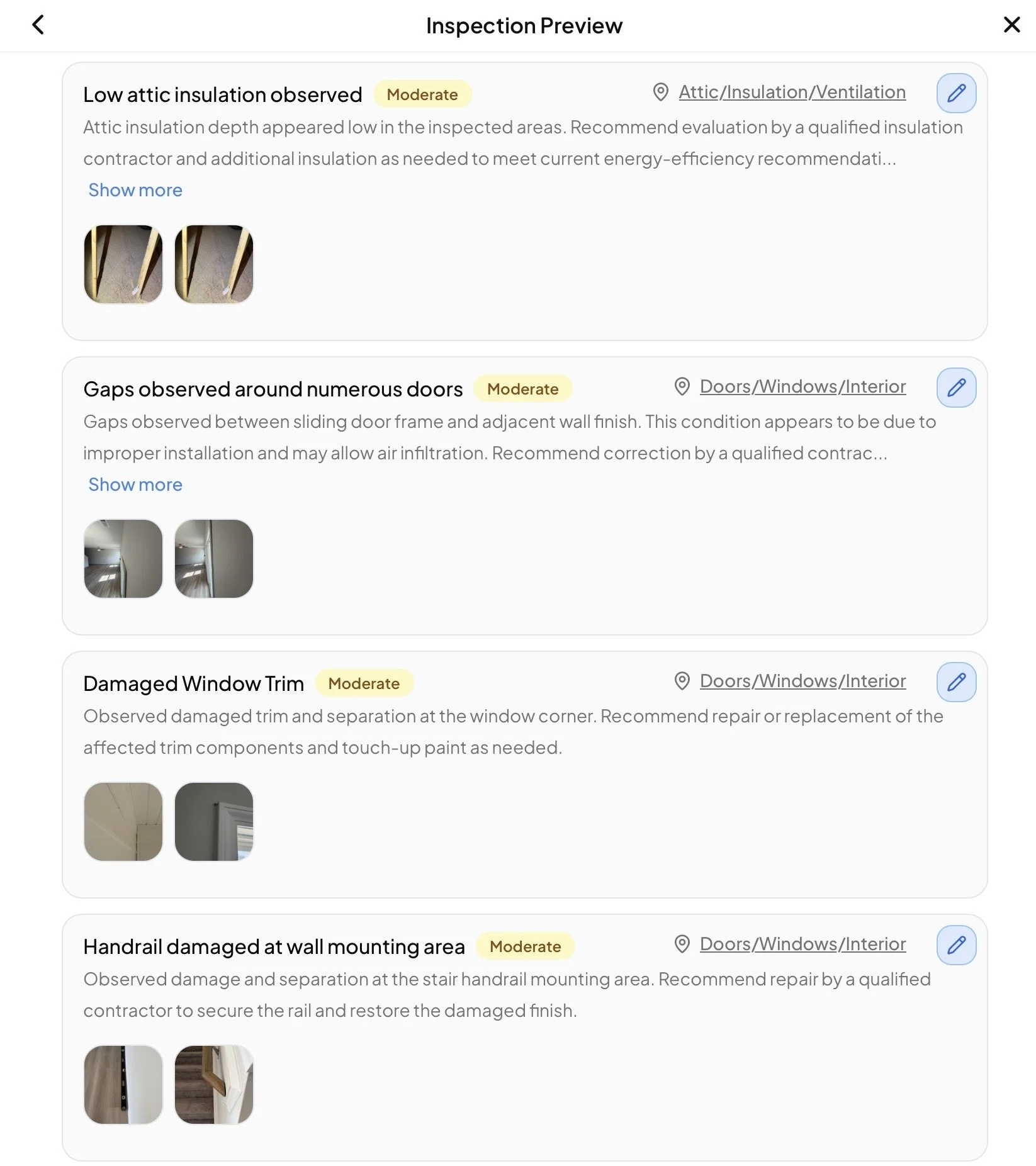 Inspection report listing issues in a house, including low attic insulation, gaps around doors, damaged window trim, and handrail damage, with corresponding photos.