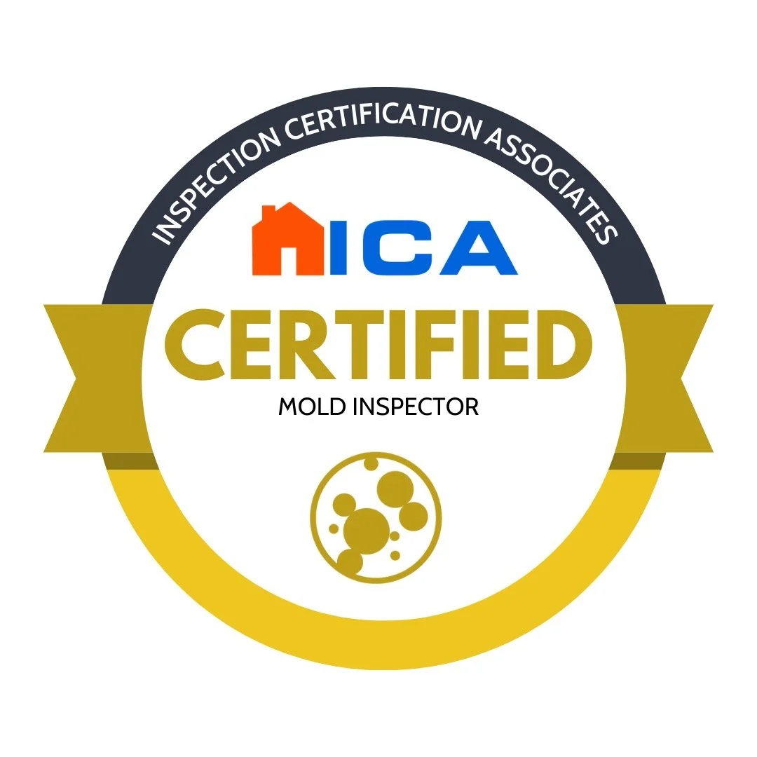 Circle badge with black, gold, and white colors, displaying the text 'ICAI CERTIFIED Mold Inspector' and the ICAI logo with a house icon, a bacteria icon, and a black arc reading 'Inspection Certification Associates.'