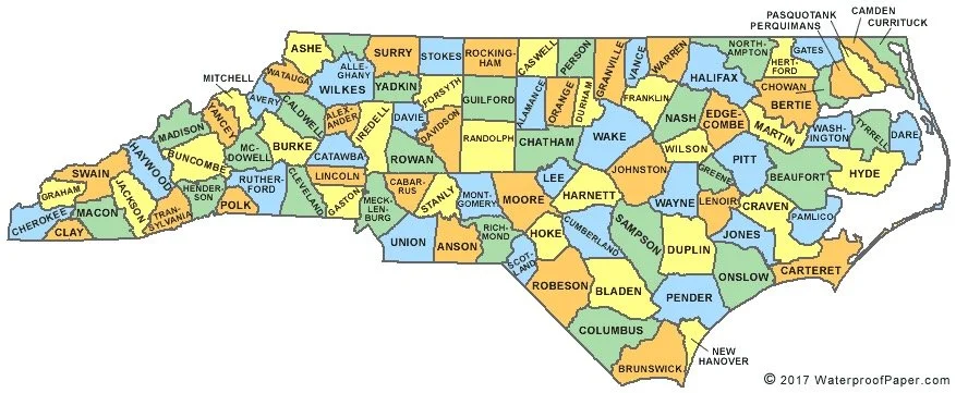 Map of North Carolina showing its counties, with each county labeled and colored differently.