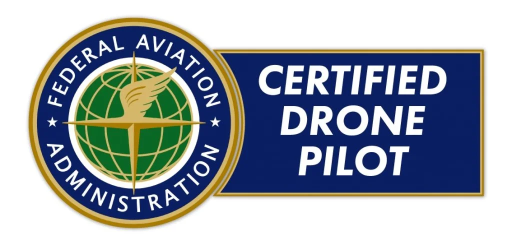 Seal of the Federal Aviation Administration with the text 'Certified Drone Pilot' on a blue background.