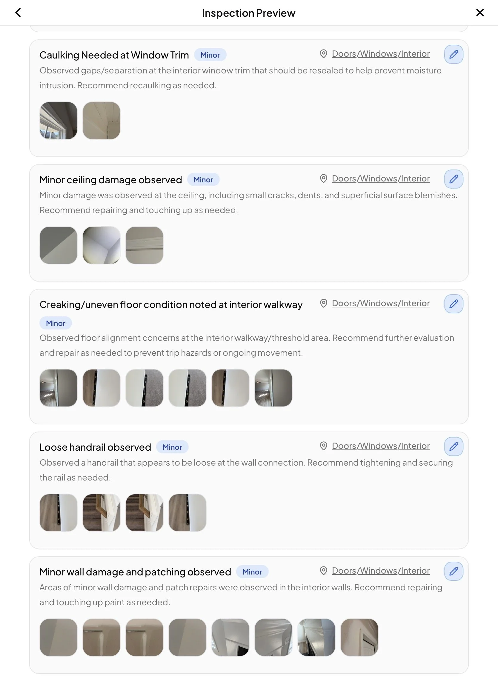 Inspection report screenshot listing minor issues in interior doors and walls, including caulking needs, ceiling damage, uneven floor, loose handrail, and minor wall damage.