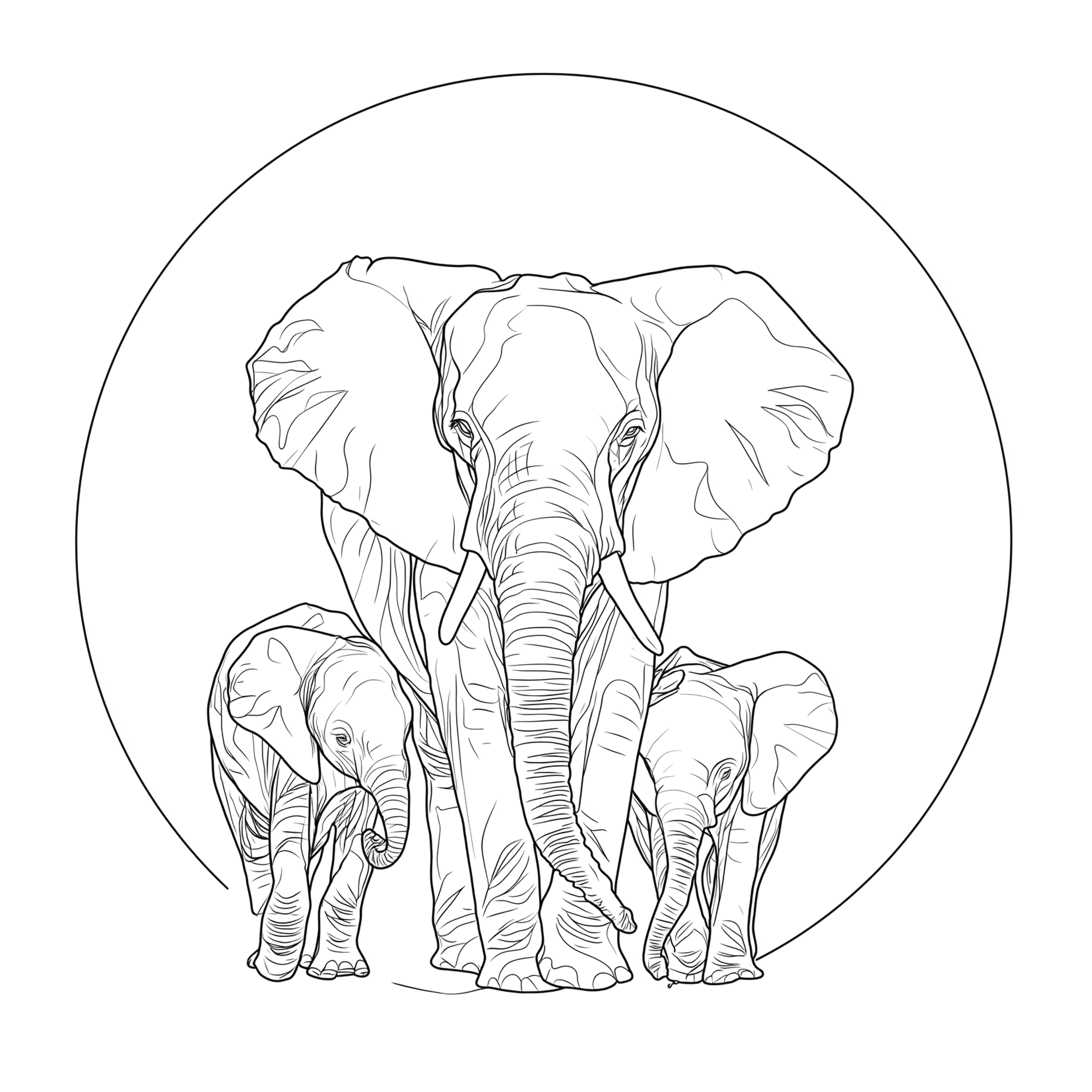 Line drawing of 3 elephants