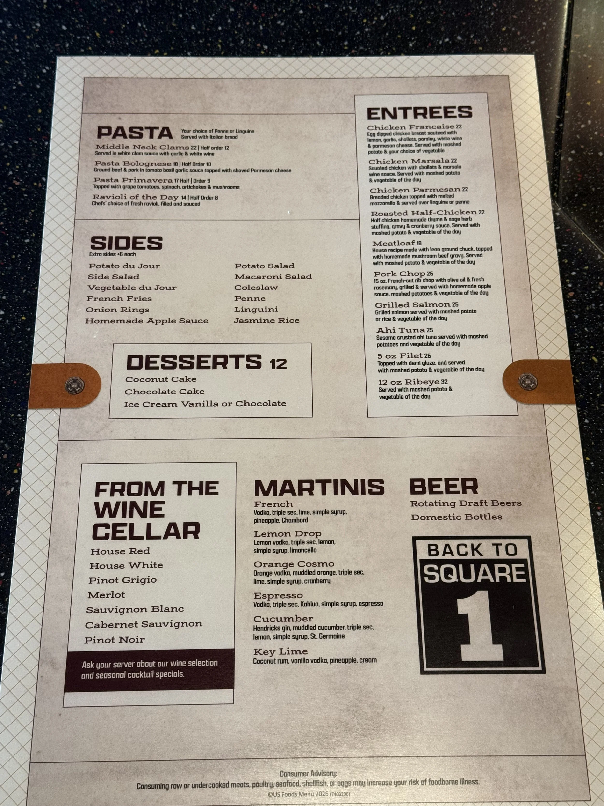 Restaurant menu listing various pasta, sides, desserts, cocktails, and beers on a beige background with black text.