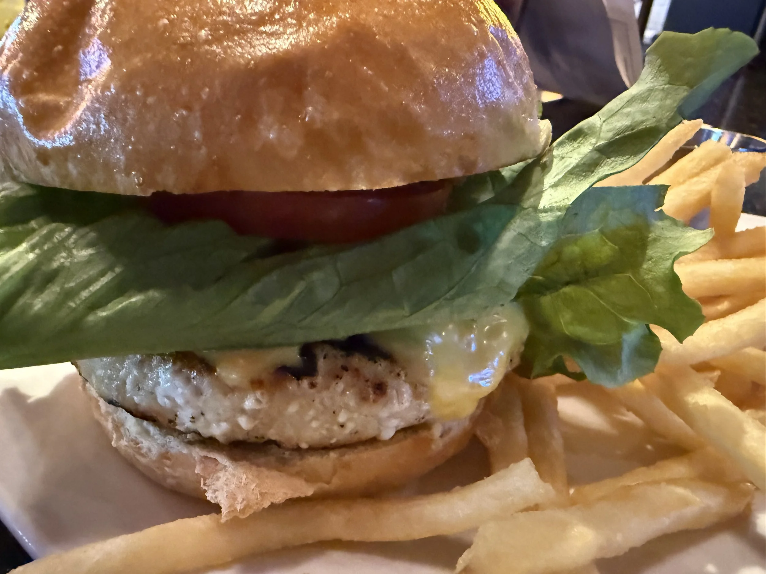 Close-up of a hamburger with a toasted bun, lettuce, and a beef patty with melted cheese, served with French fries.