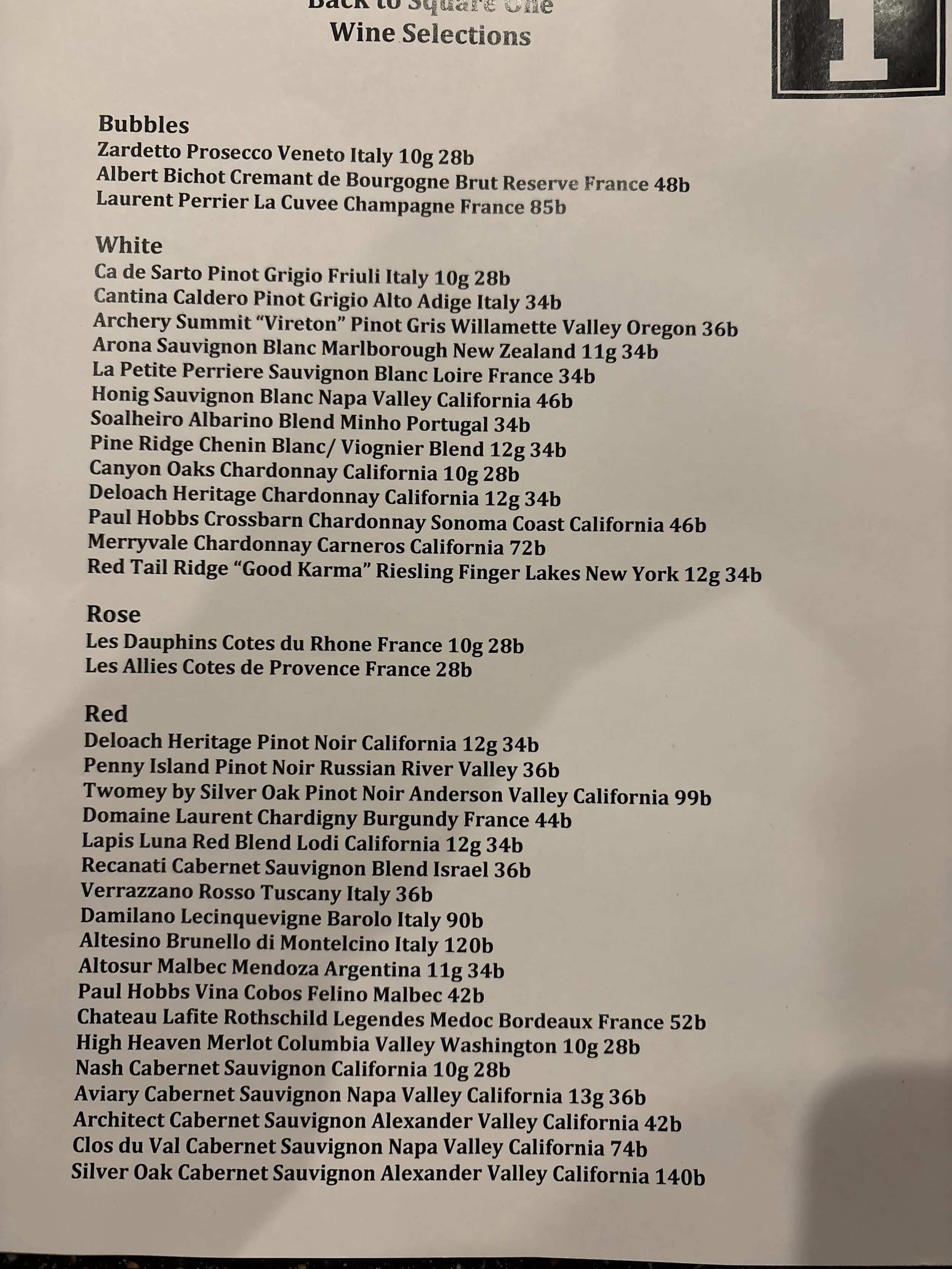 A wine menu listing various wine options organized under categories of Bubbles, White, Rosé, and Red, including names, regions, and prices.