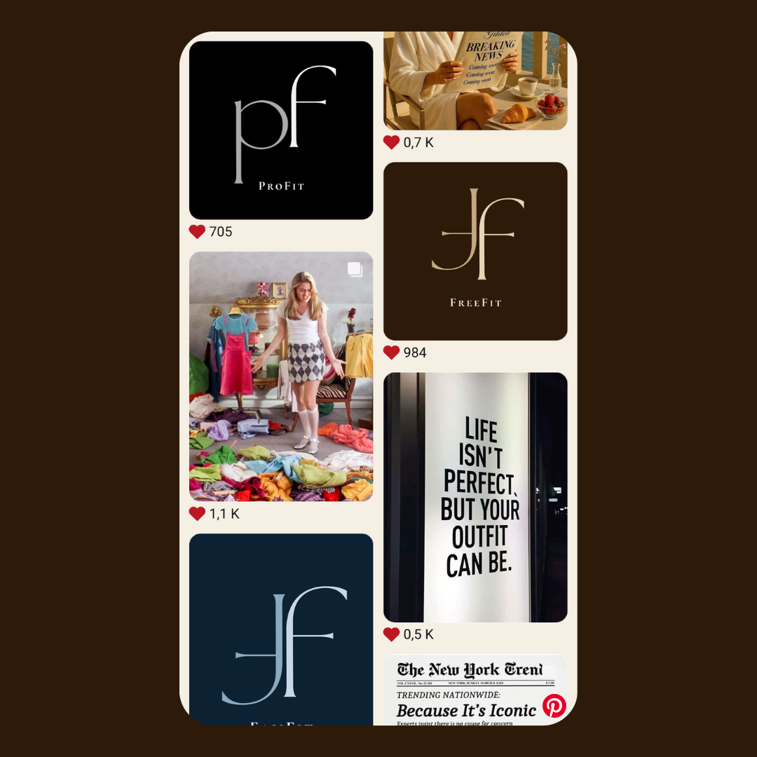 A collage of social media posts, including logos for Profit and FreeFit, a woman trying on clothes, a motivational quote on a sign, and a newspaper clipping from The New York Times about iconic fashion.