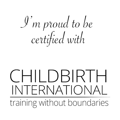 Certificate with the text 'I'm proud to be certified with CHILD BIRTH INTERNATIONAL training without boundaries'
