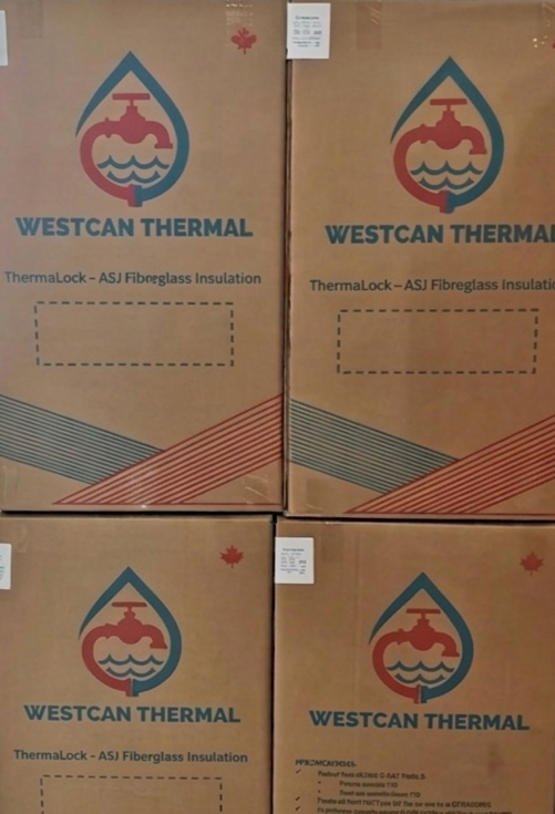 Four cardboard boxes of ASJ fiberglass pipe insulation labeled Westcan Thermal.